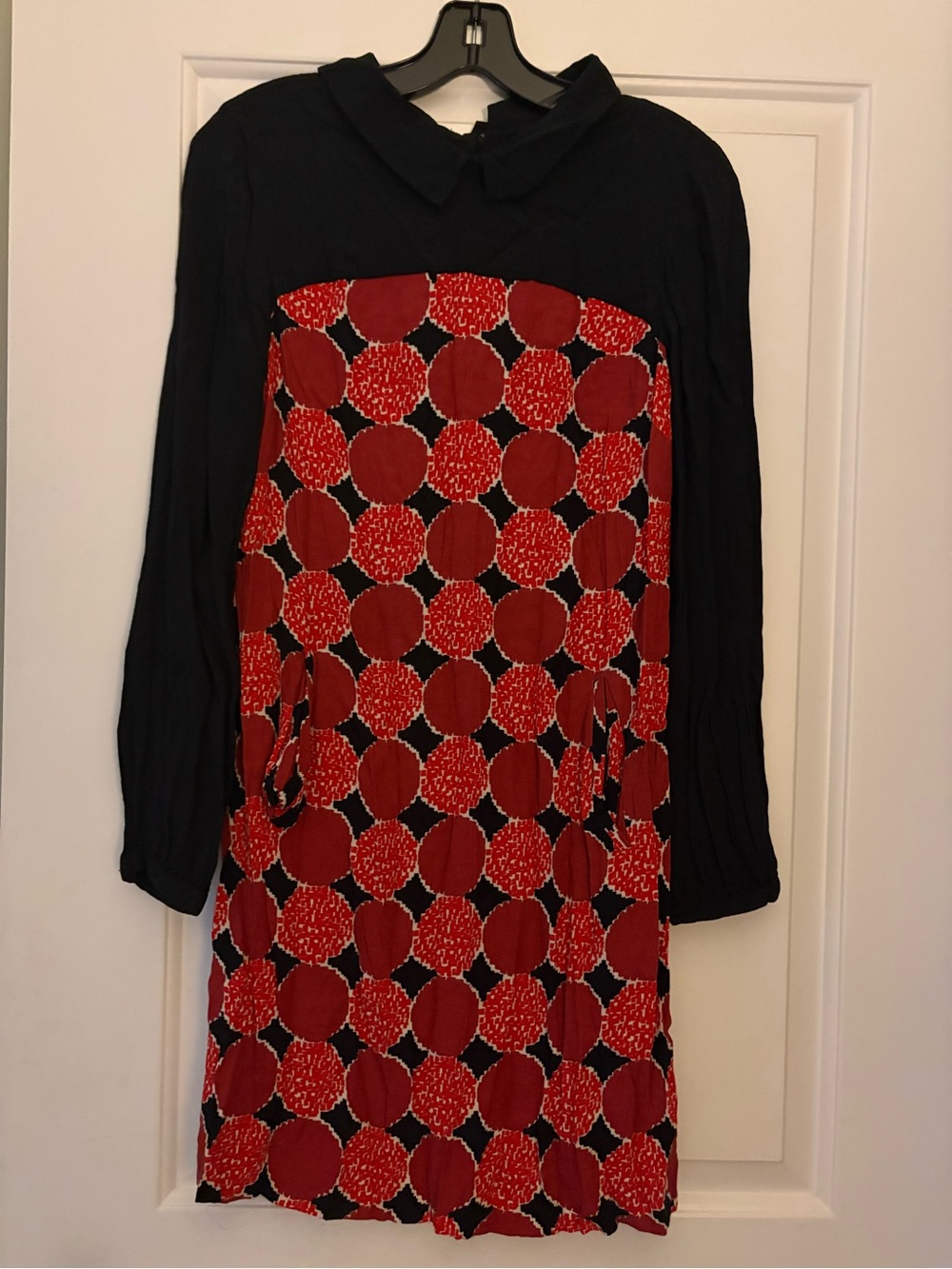Boden Black Long-Sleeve Dress with Red Polka Front